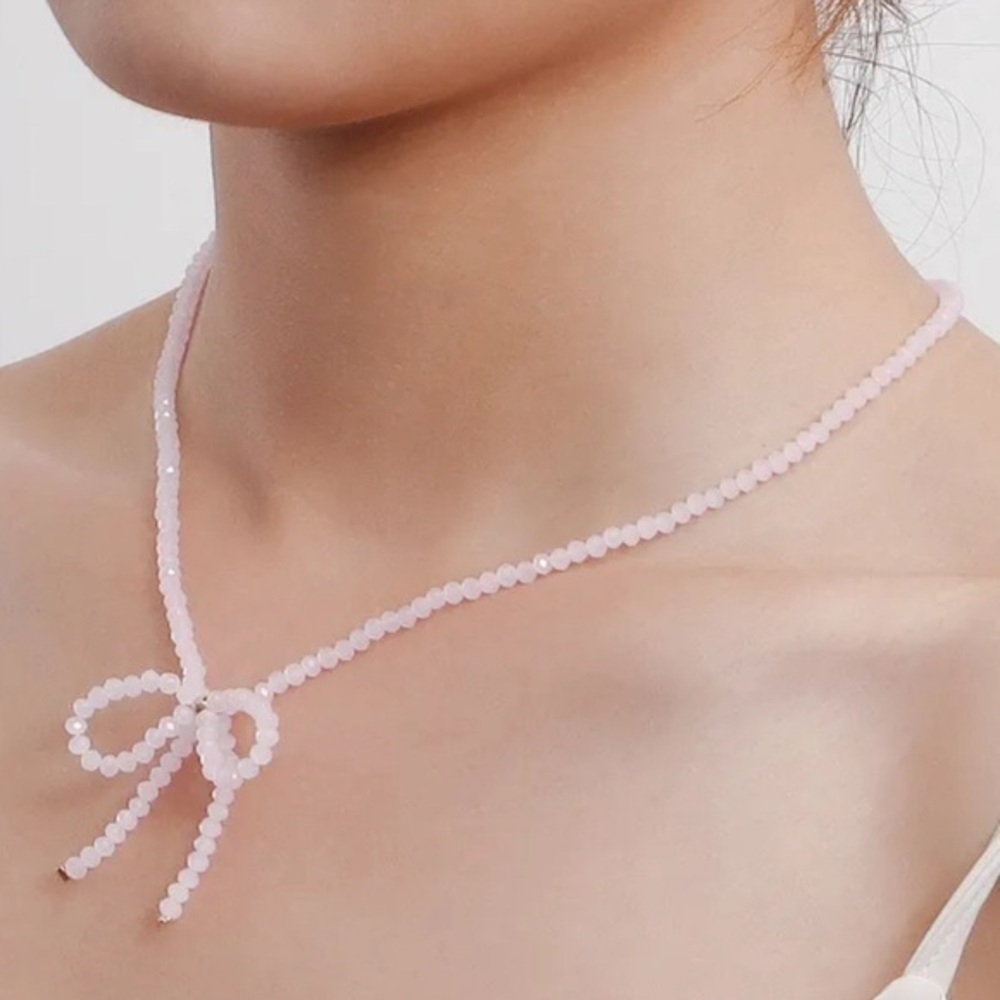 ❤️NWOT Dainty Pink Ballet Princess Beaded Choker Coquette Classy Bow Necklace